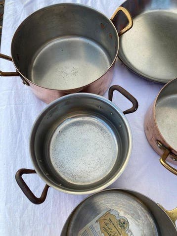 Poêle (16) - Cuivre, Laiton, Métal - Lot de casseroles en