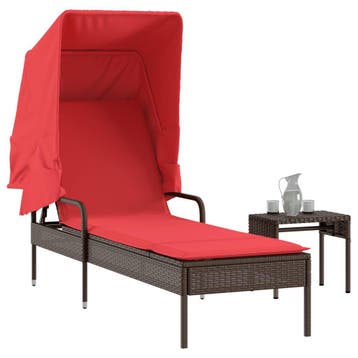 vidaXL Ligstoel met luifel en tafel bruin poly rattan, Tuin en Terras, Verzenden, Nieuw