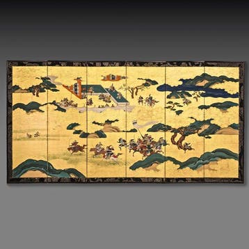 Vouwscherm met samurai-taferelen - Gelakt hout, Papier,