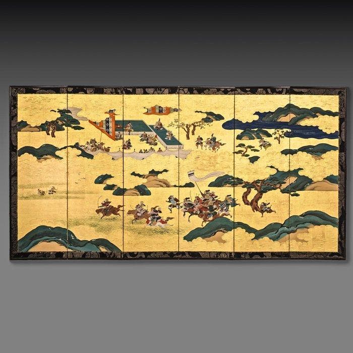 Vouwscherm met samurai-taferelen - Gelakt hout, Papier,, Antiquités & Art, Antiquités | Autres Antiquités