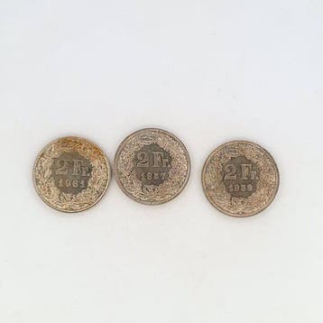 Zwitserland. Lotto composto da 3 monete da 2 Franchi della