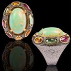 925 zilveren ring met opaal en veelkleurige toermalijnen -