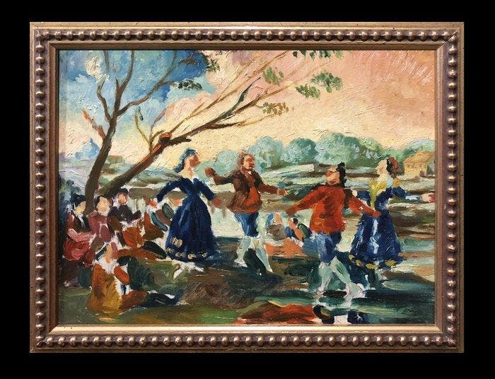 École Espagnole (c. 1950) - Danse de majos au bord du, Antiquités & Art, Art | Peinture | Classique
