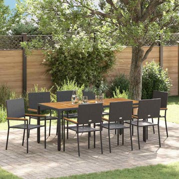 vidaXL Tuin Eettafel Set 9 st Zwart poly rattan, Verzenden, Nieuw
