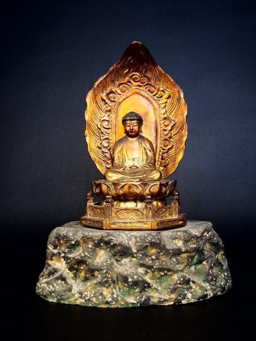 Amida Nyorai (Amitabha Buddha) Seated Statue with Flame Halo, Antiquités & Art, Antiquités | Autres Antiquités