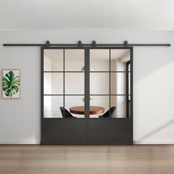 Dubbele stalen schuifdeur Zwart 6 Vlaks met kickplate Helder, Nieuw, Metaal, 75 tot 150 cm, 150 tot 225 cm