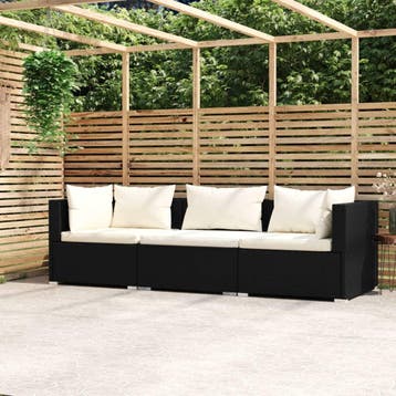 vidaXL Driezitsbank met kussens poly rattan zwart, Verzenden, Nieuw
