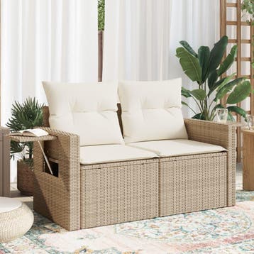 vidaXL Tuinbank 2-zits met kussens poly rattan beige, Verzenden