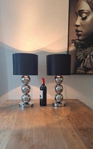 Lampe de table (2) - Chrome - +kap, lampe E27, variateur., Antiek en Kunst