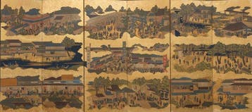 Byôbu  (vouwscherm) - Bladgoud, gelakt hout, zijde - Japan