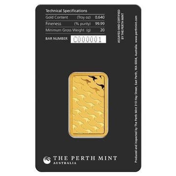 20 gram - Goud .999 - 20 grams .9999 Fine Gold Bar Australia, Postzegels en Munten