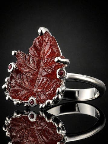 Bague feuille en quartz fraise - argent sterling 925 -
