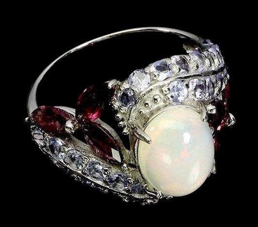 Zonder minimumprijs - Ring Zilver Vuuropaal - Rhodoliet -, Handtassen en Accessoires, Ringen