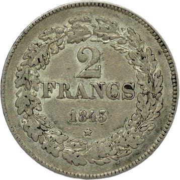 Belgique. Léopold Ier. 2 Francs 1843 - position B ///// -