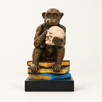 Figurine - Aap met schedel op boekentoren - Bronze, Marbre
