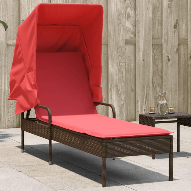 vidaXL Ligstoel met luifel bruin poly rattan, Tuin en Terras, Ligbedden, Nieuw, Verzenden