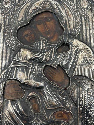 Icoon - Madonna met Kind - Hout, verzilverd metaal,