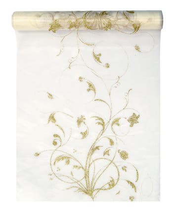 Vanille Creme Organza Stof Gouden Bloemen 36cm 9m, Hobby en Vrije tijd, Verzenden, Nieuw