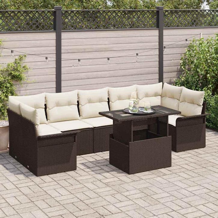 vidaXL Tuinbank Set met kussen 8 pcs Bruin poly rattan, Tuin en Terras, Tuinsets en Loungesets, Nieuw, Verzenden