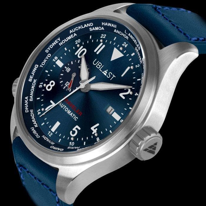 Ublast - Traveler Automatic World Time - REF.UBTR47BU -, Handtassen en Accessoires, Horloges | Heren