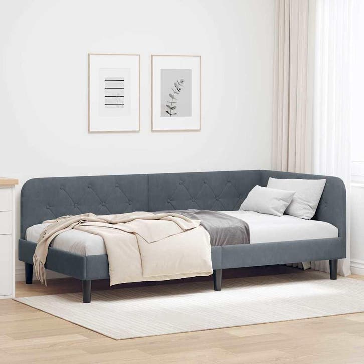 vidaXL Hoek Bed Frame Donkergrijs 90 x 190 cm Fluweel, Maison & Meubles, Chambre à coucher | Lits, Envoi