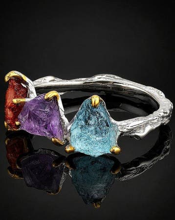 Ring met multikleurige edelstenen - 925 sterlingzilver -, Verzamelen