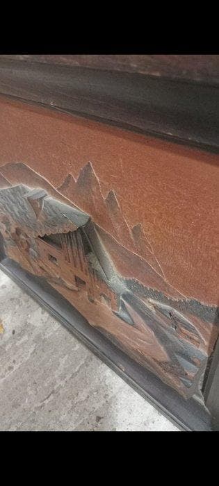 Reliëf, Gravure sur bois dune scène alpine - 26 cm - Hout