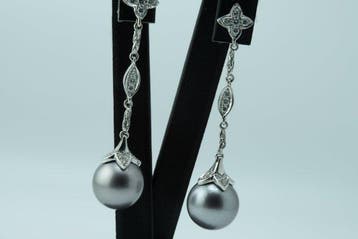 Boucles doreilles - 18 carats Or blanc Perle - Diamant, Nieuw