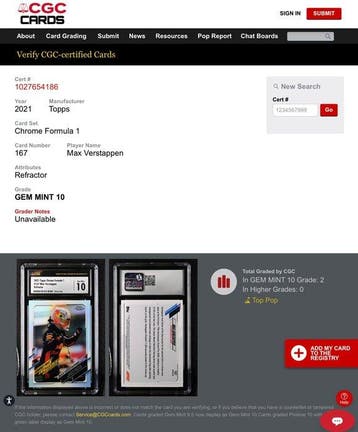 2021 Topps Max Verstappen POP2 - Chrome Refractor - CGC 10, Verzamelen, Nieuw