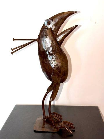 Sculpture, Oiseau à crête en métal vernis - 32 cm - Fer