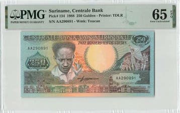 1988 Suriname 250 Gulden Pick 134 Pmg Gem Unc 65 Epq, Verzenden, België