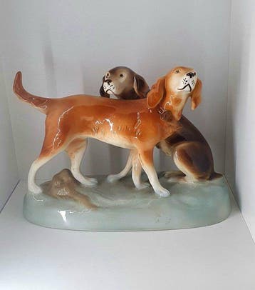 Royal Dux Porzellan-Manufaktur - Statue, Zwei Jagdhunde -, Antiquités & Art