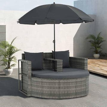 vidaXL Tuinbank 2-zits met kussens en parasol poly rattan, Jardin & Terrasse, Chaises longues, Verzenden