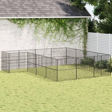 vidaXL Hondenkennel 16 panelen gepoedercoat staal zwart, Verzenden, Nieuw