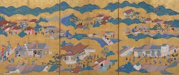 Byôbu  (vouwscherm) - Bladgoud, gelakt hout, zijde - Japan