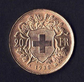 Zwitserland, Bern 20 Francs 1935 L B / Restrike, Postzegels en Munten
