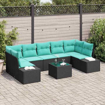 vidaXL Tuinbank Set 8 st Zwart en Turkoois poly rattan, Verzenden, Nieuw