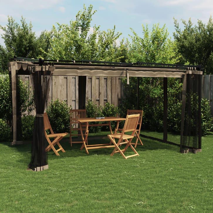 vidaXL Prieel met zijwanden van gaas 4x3 m staal taupe, Tuin en Terras, Partytenten, Nieuw, Verzenden