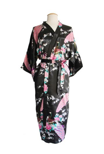 KIMU® Kimono Zwart Maxi XL-XXL Yukata Satijn Lang Lange Zwar, Ophalen of Verzenden, Nieuw