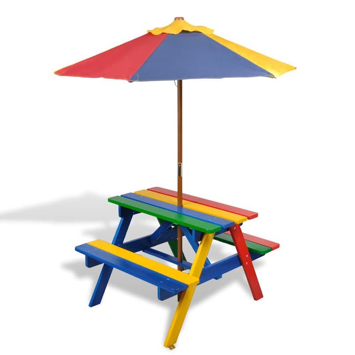 vidaXL Kinderpicknicktafel met banken en parasol hout, Jardin & Terrasse, Tables de jardin, Envoi