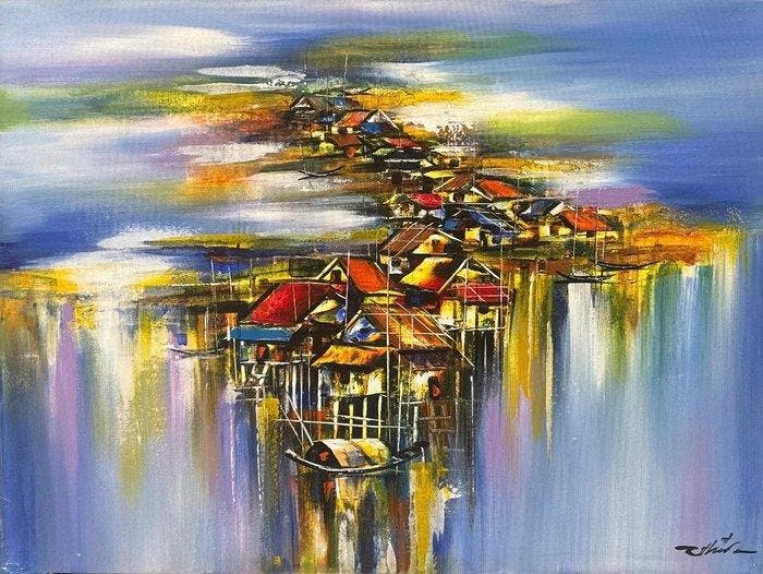 Hoàng Vn Hp (1983) - Village flottant au crépuscule 60, Antiquités & Art, Art | Peinture | Moderne