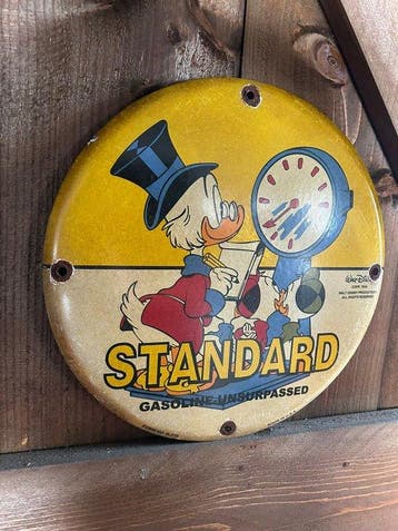 Rond metalen reclamebord met Donald Duck, Dagobert Duck en, Verzamelen, Nieuw