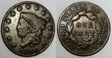 Etats-unis Vereinigte Staaten Km 45 1 1 Cent 1819 Coronet..., Verzenden
