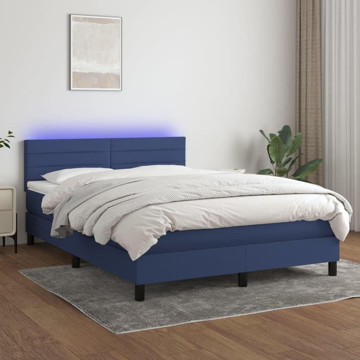 vidaXL Boxspring met matras en LED stof blauw 140x200 cm, Maison & Meubles, Chambre à coucher | Lits, Envoi
