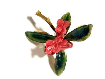 Broche - 18 karaat Geel goud Robijn - Jade - Robijn jade