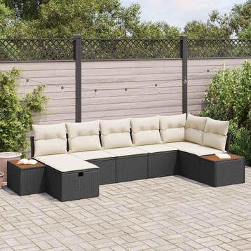 vidaXL Tuinbank Set met kussen 7 pcs Zwart Poly rattan, Tuin en Terras, Verzenden, Nieuw