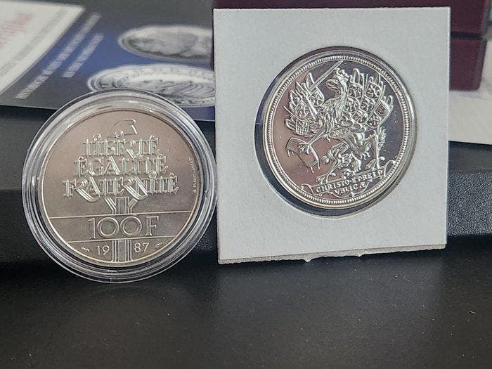France et Allemagne. Set with 2 x Silver Coins 100 Francs, Timbres & Monnaies, Monnaies | Europe | Monnaies non-euro