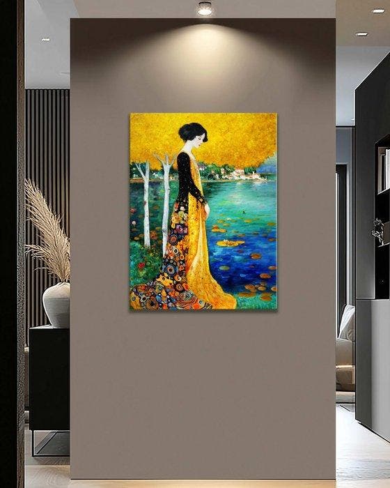 Matteo - Golden Reverie by the Lake, Antiquités & Art, Art | Peinture | Moderne