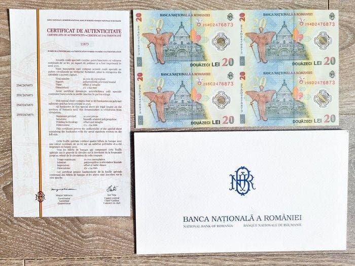 Roemenië. - 4 x 20 lei 2025 - uncut sheet of 4 - Pick 119Ac1, Postzegels en Munten, Bankbiljetten | Europa | Niet-Eurobiljetten