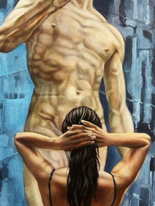 Pablo P. - El David de Miguel Ángel y la Mujer, Antiquités & Art, Art | Peinture | Moderne